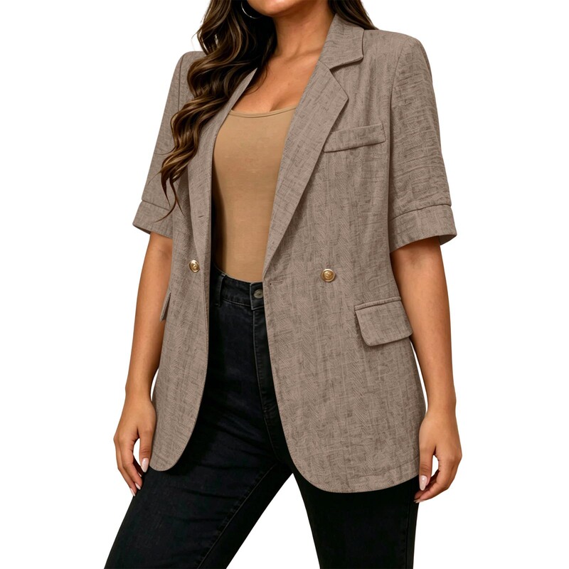 Summer Thin Cotton and Linen Short-Sleeved Suit Jacket for Women, Waist-Cinching, Slimming, Double-Breasted, Commuter Blazer, Plus Size, in Stock Summer Thin Cotton and Linen Short-Sleeved Suit Jacket for Women, Waist-Cinching, Slimming, Double-Breasted, Commuter Blazer, Plus Size, in Stock