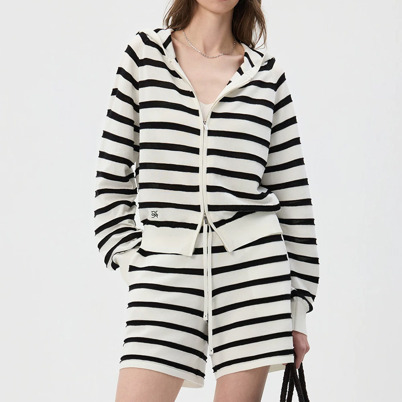 Kei Lightweight White Factory Silk Long-Staple Cotton 3D Color-Blocking Wave Stripe Knit Hooded Cardigan Drawstring Shorts