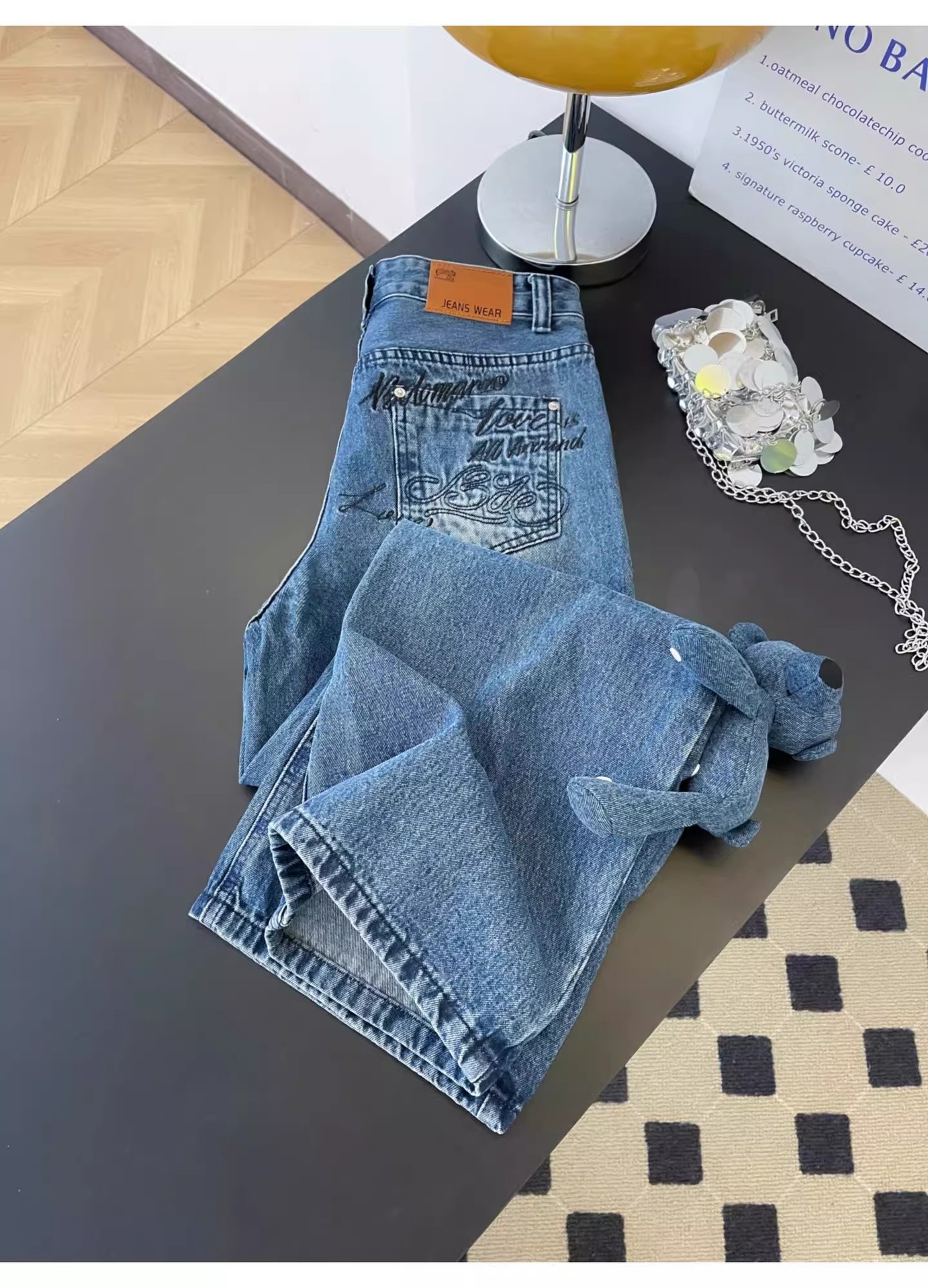 Women's High-Waisted Slimming Wavy Washed Denim Jeans Casual Loose Wide Leg Floor-Length Trousers With Letter Embroidery American Retro Summer Style_mkmklike.com