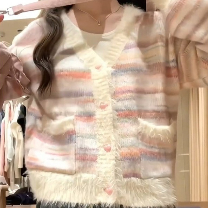 2023 otoño e invierno nuevo estilo de leche suelta estilo perezoso suéter abrigo Chanel estilo Arco Iris rayas suéter cardigan para las mujeres
