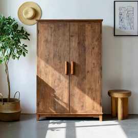 侘寂风实木简约轻奢储物衣柜家用平开门收纳衣橱酒店别墅衣柜