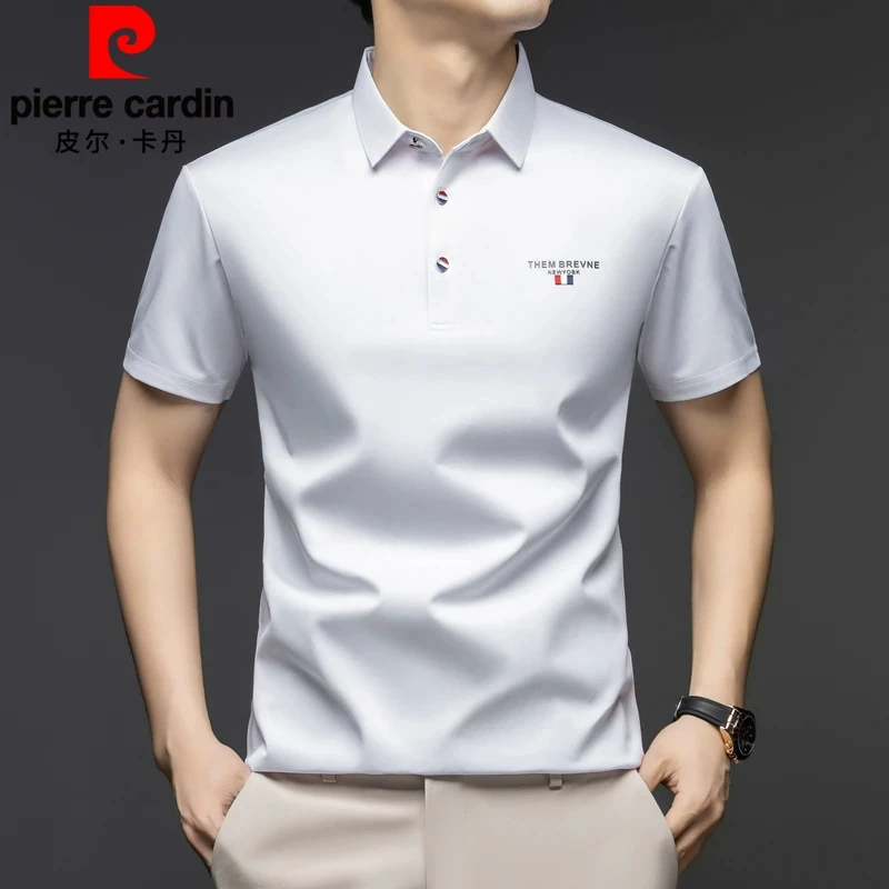 Мужская рубашка-поло Pierre Cardin из шелкового шелка шелковицы, новая летняя повседневная рубашка-поло без железа с половиной рукавов для мужчин