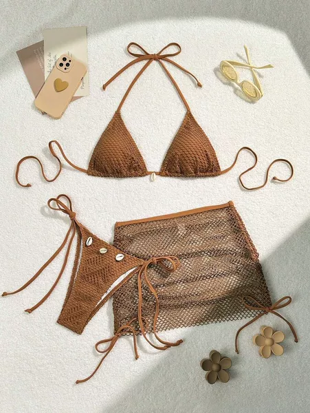 European and American Style Vacation Solid Color Sexy Bikini Three-Piece Set with Halter Neck and Tie, Vacation Style