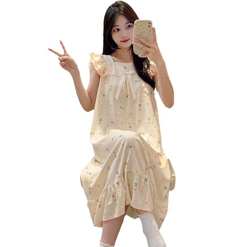 2024 verano vestido de pajama de mujer vestido largo suelto arco dulce dormitorio del campus se puede usar vestido de pijama rojo