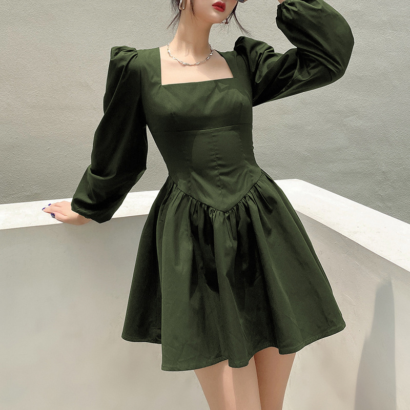 solid color Square Collar Court Sleeve A-Line Dress NSGWY117411