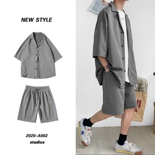 Summer Casual Short-sleeved Suit Men's Hong Kong-style Seven-sleeve Shirt Jacket Korean-style Trendy Loose Suit Half-length Shorts