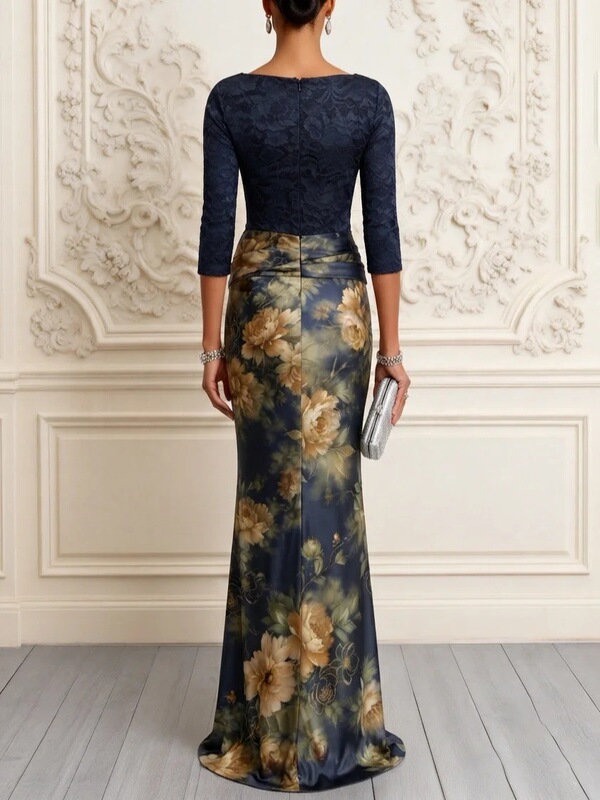 AA European and American cross-border Amazon new printed slim-fit long-sleeve zippered long dress women's evening gown elegant