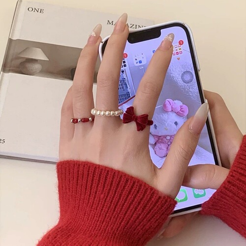 Retro velvet autumn and winter red bow pearl bead ring sweet and upscale design index finger ring for women