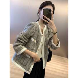 拼色花呢金扣小香风外套女2024秋天新款洋气慵懒风外套