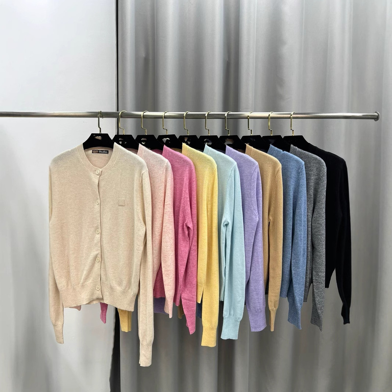 2025 Spring and Autumn New Knitted Round Neck Smiley Face Long Sleeve Short Wool Blended Sweater Tops Thin Cardigan Top