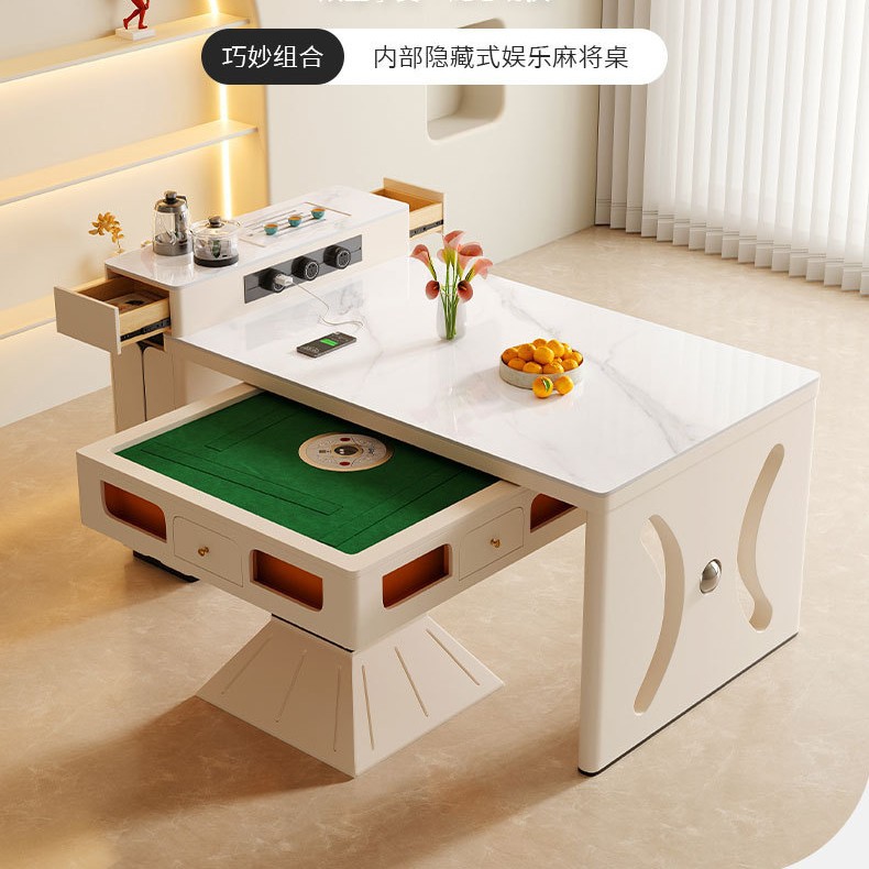 Mesa de mahjong mesa de comedor multifunción de doble uso con fuego a la parrilla máquina de mahjong de isla retráctil estilo crema doméstica automática