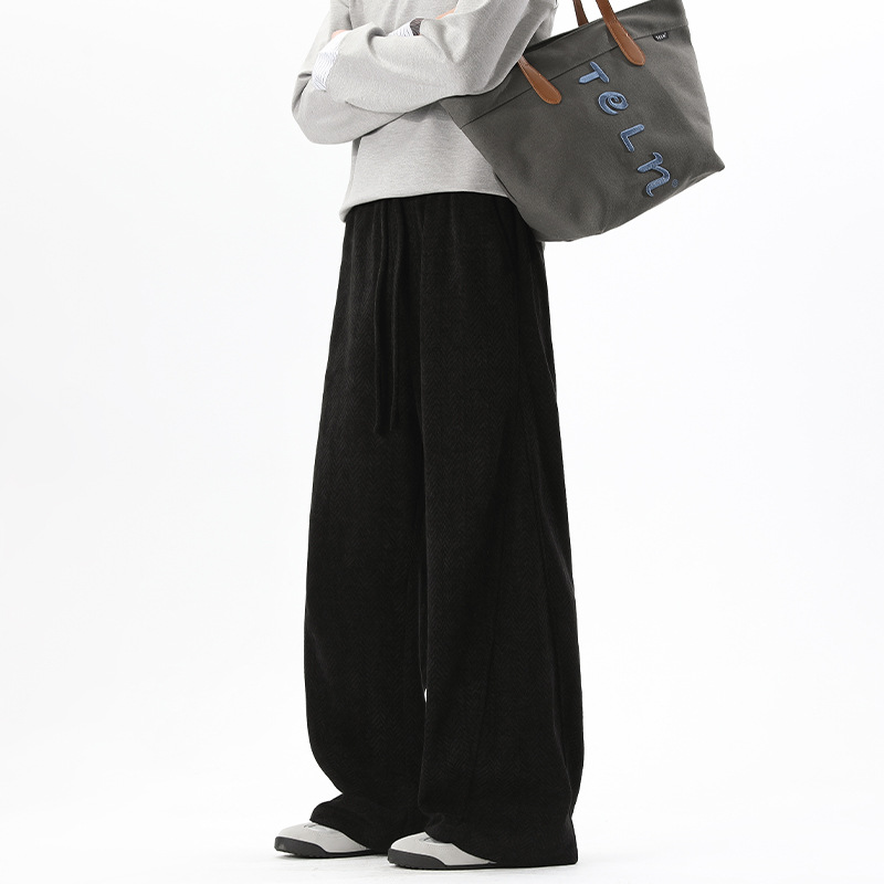 Textured Curved Hem Sweatpants For Men, High-end American Cleanfit Pants, New Spring Straight-leg Drapey Wide-leg Pants_voghion.com