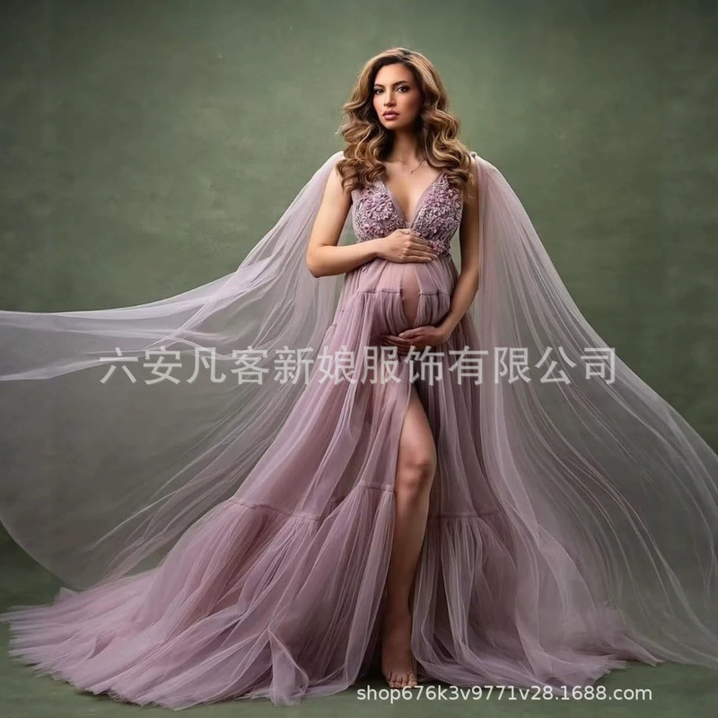 AliExpress supply sheer train dress for maternity photoshoot, high-waisted loose maternity commemorative shoot gown AliExpress supply sheer train dress for maternity photoshoot, high-waisted loose maternity commemorative shoot gown