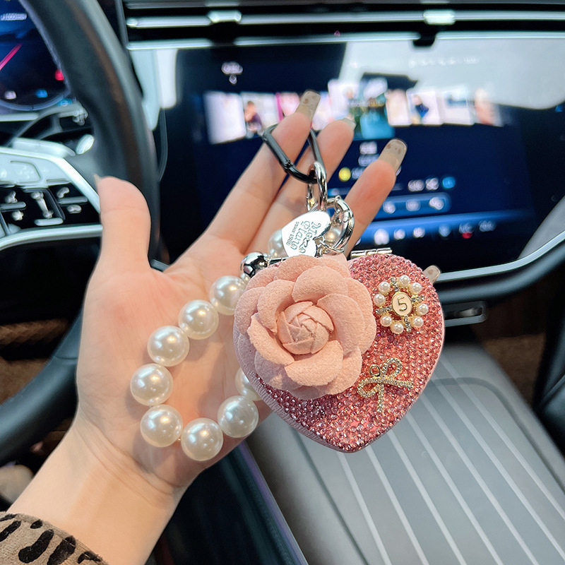 Nuevo camellia amor espejo llavero de diamante espejo plegable portátil llavero de automóvil cuentas bolsa colgante