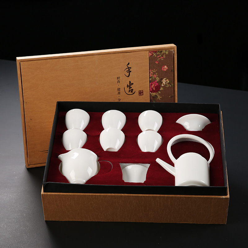 Dehua White Porcelain Ivory White Household Kung Fu Tea Set, Jade-Like Porcelain Teapot Set with Handle, Handmade Ceramic Business Gift Dehua White Porcelain Ivory White Household Kung Fu Tea Set, Jade-Like Porcelain Teapot Set with Handle, Handmade Ceramic Business Gift