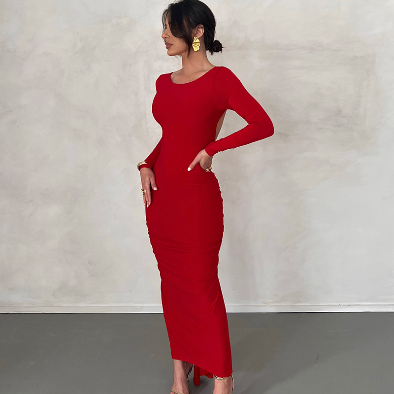 Pencil Skirt Elegant Elegant Temperament Private Clothing Socialite Round Neck Pullovers Pleated Hollow Out Long Sleeve Solid Color Maxi Long Dress display picture 15