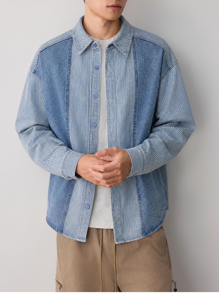 Áo sơ mi denim nam tay dài phong cách cổ điển sọc nối — Cao bồi xanh chi tiết 16