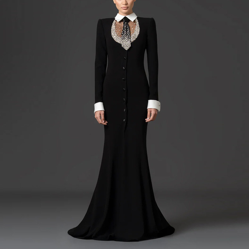 Long evening dress, high-quality in stock, 2026 celebrity fashion shirt collar, heavy beading and rhinestone embellished long dress