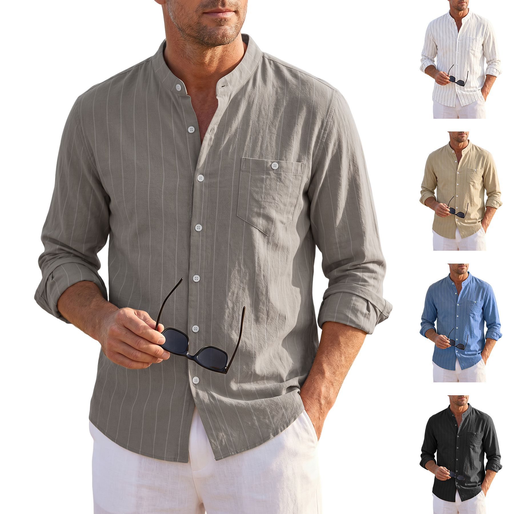 Transfronterizos primavera y verano estadounidenses con rayas de lino relajadas, cuello de manga larga, hombre de secado rápido, camisa transpirable americana grande