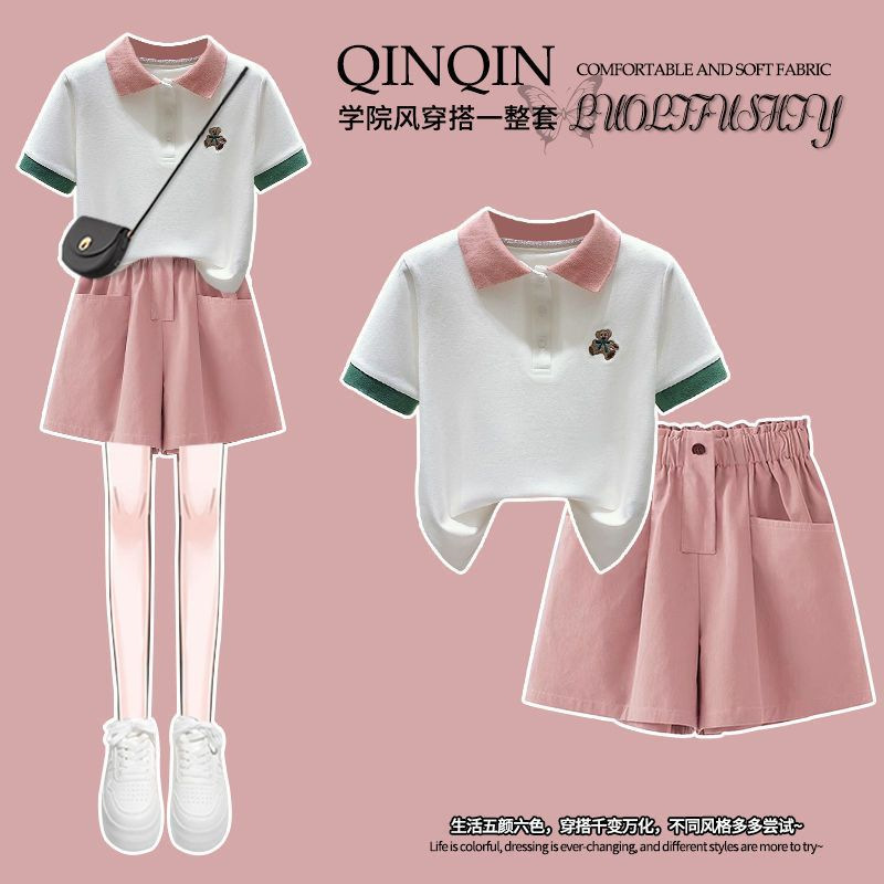 Girls Summer Polo Shirt Shorts Two-Piece Set 2025 New Medium and Large Children Korean Style Casual and Western Style Sports Suit Trendy