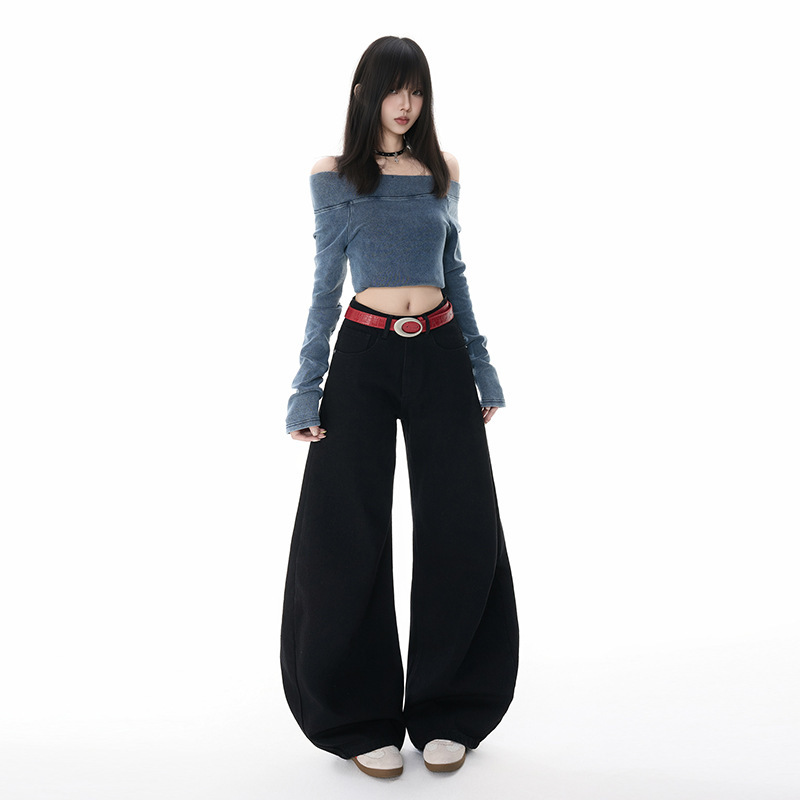 Orange Silk Women's Clothing # American-Style White Scimitar Jeans, Cleanfit, Loose, Casual, Versatile, with Visible Stitching, Wide-Leg Pants.