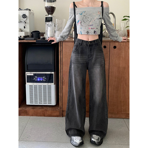 Women's Loose Straight Leg Wide Leg Floor-Length Black Vintage American Style Jeans for Plus Size Autumn Fat Mm High-Waisted