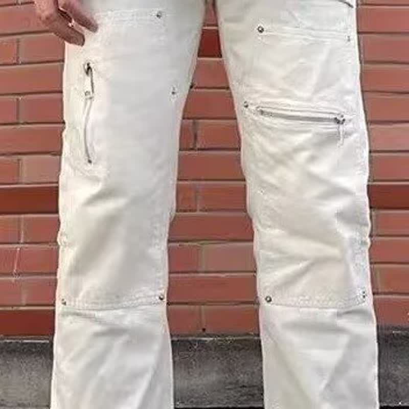 Unisex Boyfriend Style White Denim Jeans Rivet Design Straight Leg Trendy Floor Length Pants American High Street_mkmklike.com