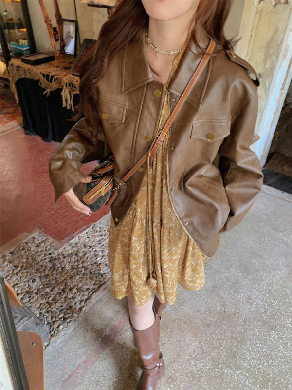美式皮衣外套女短款2025春秋不裂皮百搭宽松机车皮夹克洋气直销|undefined