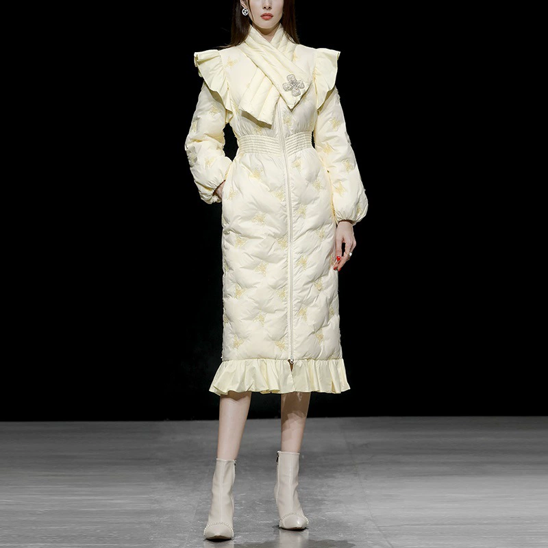 Зима Новая мода возраст-снижение комбо Раффлед Ретро фонарь рукав талии пуховик пальто