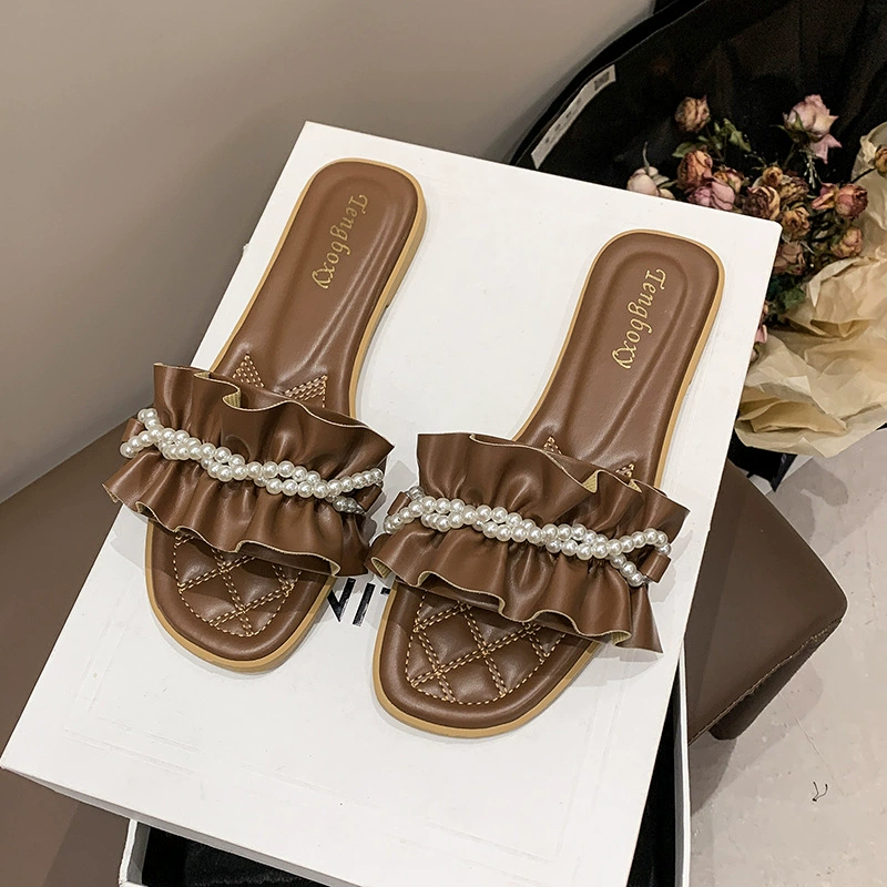 Трансграничные большие размеры жемчужной цепи тапочки женский 2024 повседневный темперамент плоский фон тапочки фея ветер тапочки женский