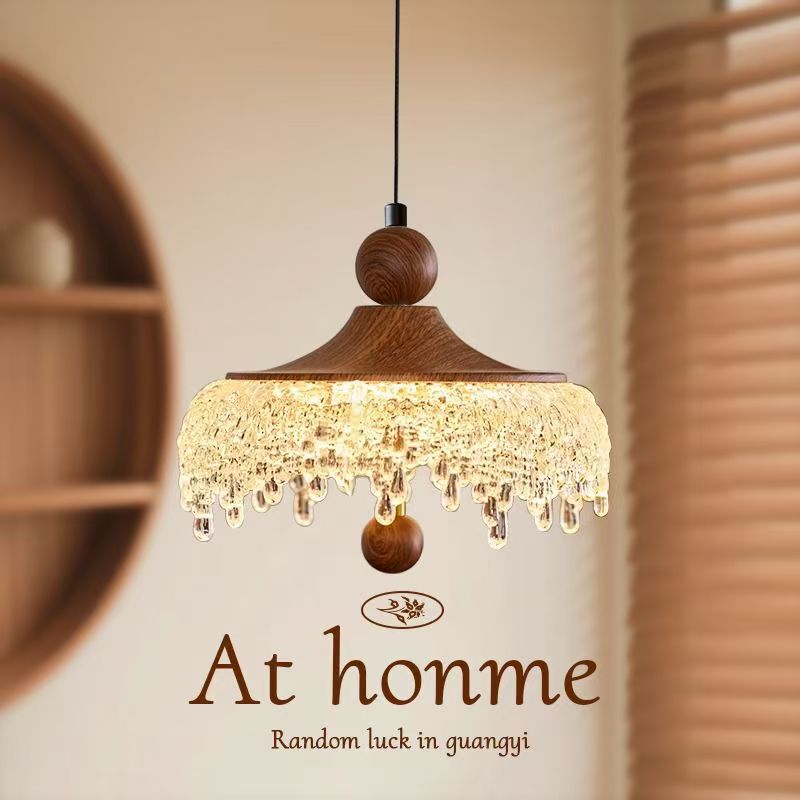 French-Style Vintage Iceberg Water Drop Pendant Light, Retro Walnut Color, High-End Dining Room and Bedroom Light, Adjustable Small Pendant Light
