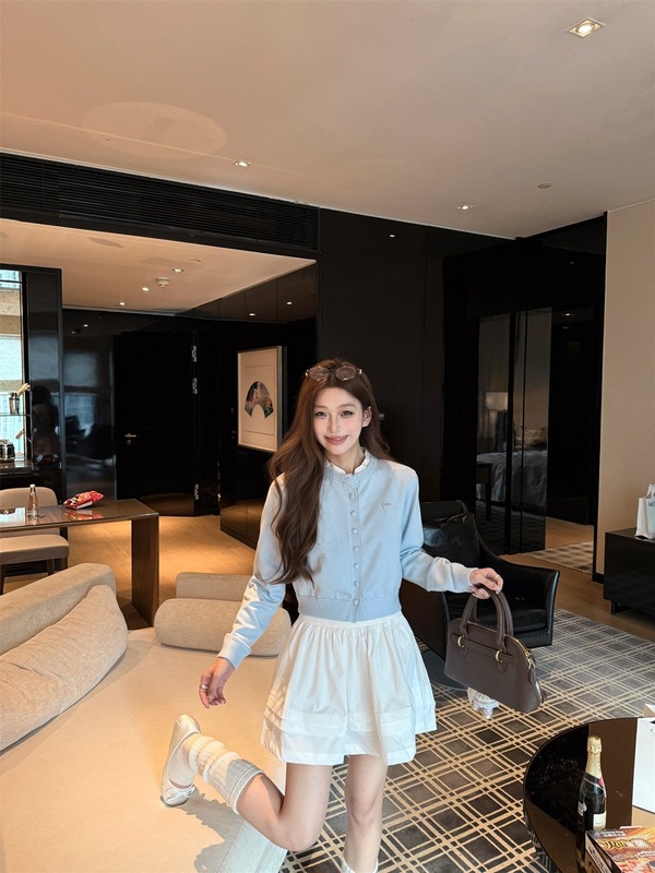 2025新款甜美风套装单排扣长袖针织衫女秋季高腰垂感半身裙两件套|undefined