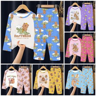Kapibala Children's Pajamas Girls and Boys Middle and Big Children's Long Sleeve Trousers Cartoon Capybara Home Clothes suit Trendy