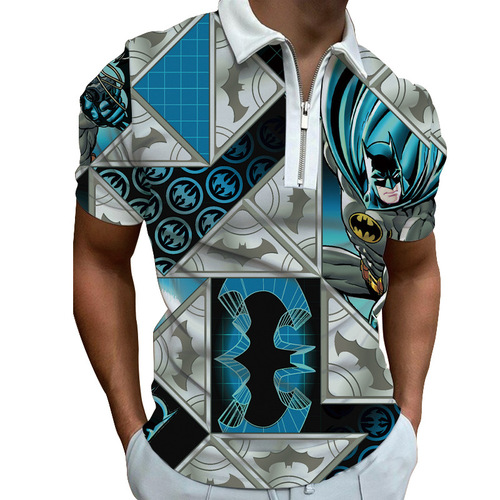 2025 Spring Men's Fashion Casual Trend Printed Polyester Short-Sleeve T-Shirt with Zipper Polo Shirt for Men