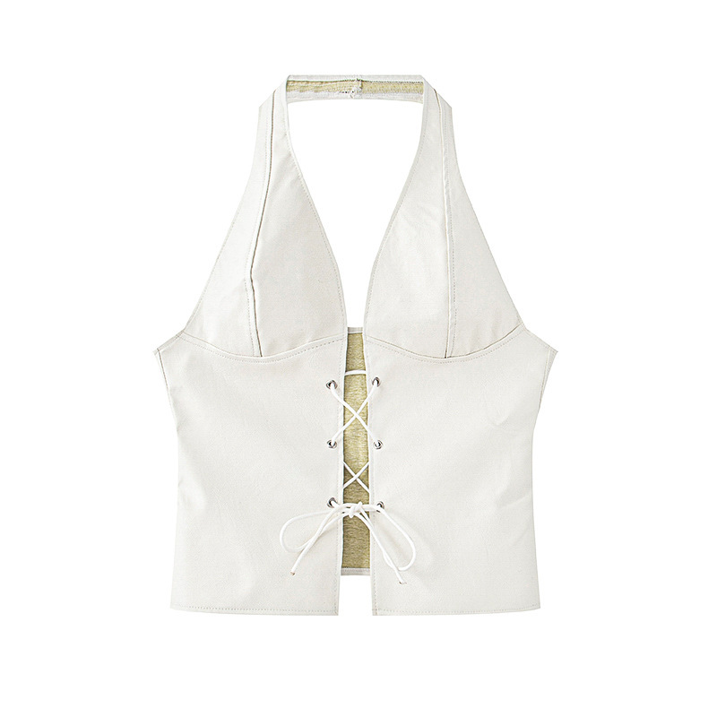 Cross-border foreign trade Europe and the United States 2024 summer new women's bow decoration pu leather texture top vest French suspenders