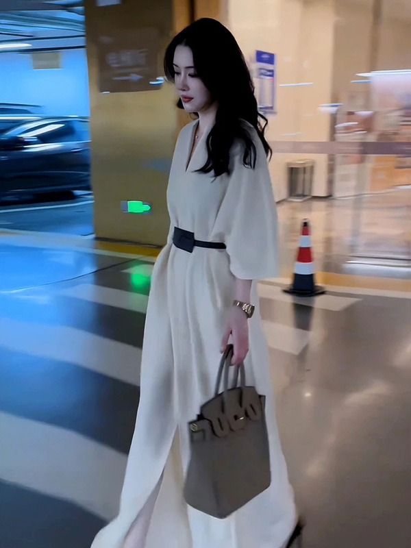 2025新款入秋时尚减龄穿搭连衣裙女绝美洋气显瘦独特掐腰开叉长裙|undefined