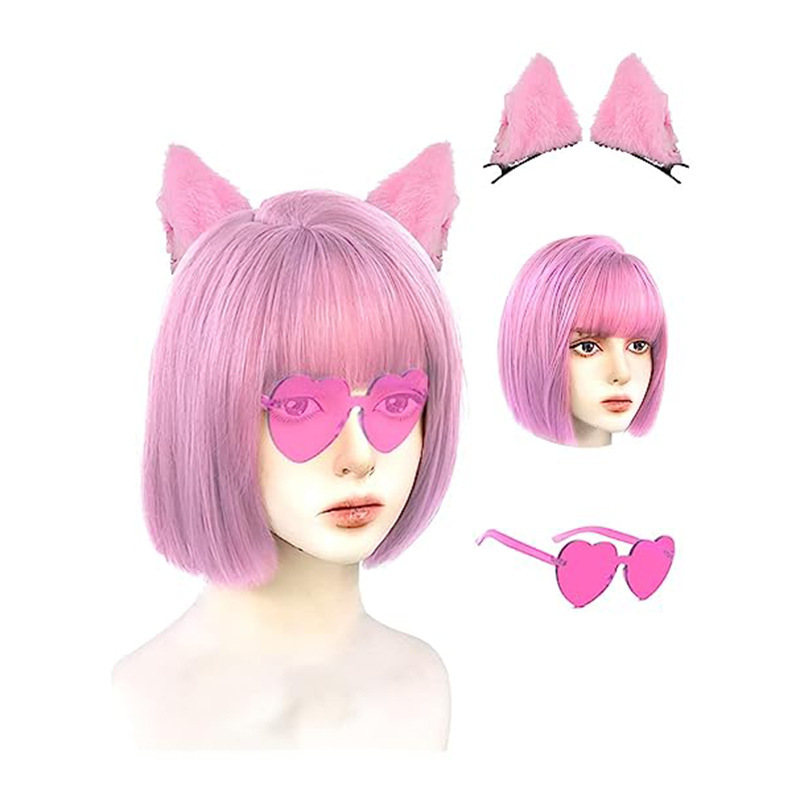 Colorful bob wig, cosplay wig and party wig, rainbow wig with neon glasses wig