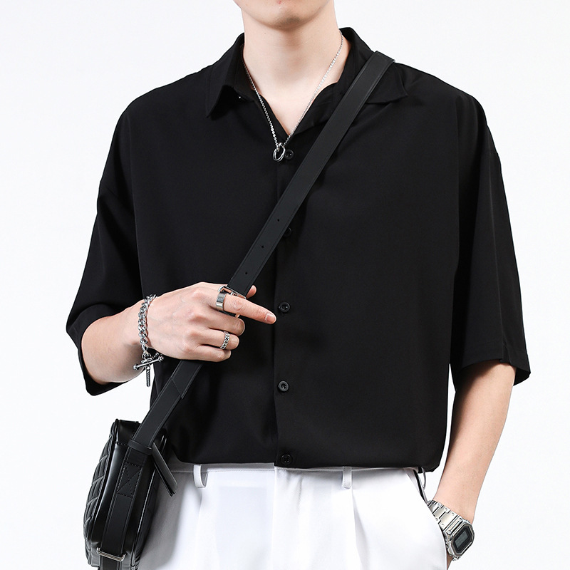 Summer Japanese-Style Casual Men's Short-Sleeve Shirt, Loose Solid Color Plus-Size Shirt with Drapey Lapel