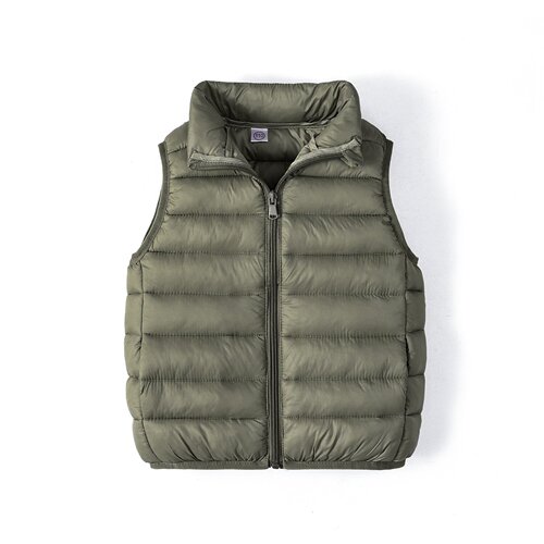 Children's Spring and Autumn Down and Cotton Fleece Vest for Boys and Girls, Winter School Uniform Warm Jacket, Medium and Large Children, Solid Color Outerwear Zip-up Vest