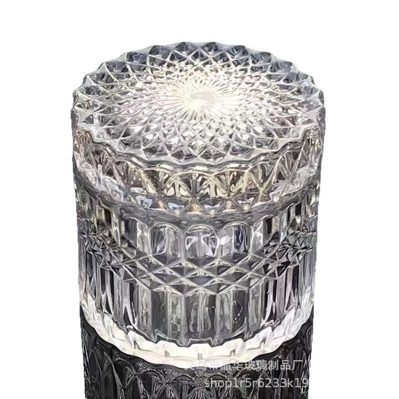 Taza de vidrio transparente de vidrio cristal con tapa de taza de vela de incienso con patrón de relieve conjunto