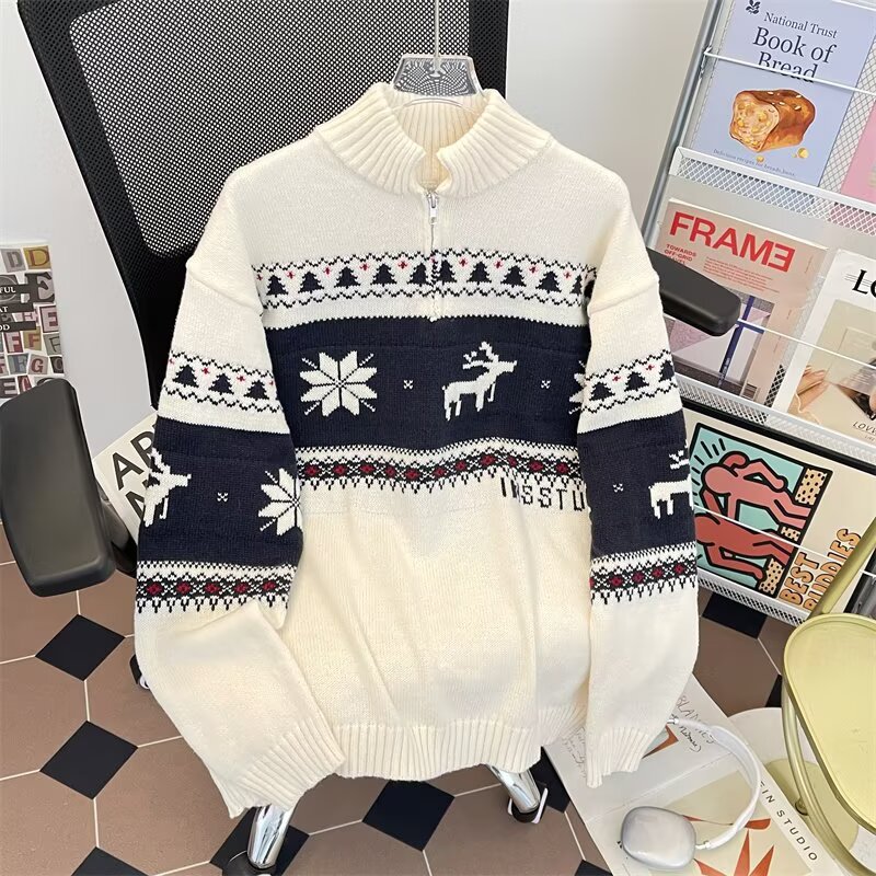 Jacquard de Navidad suelta camiseta de punto casual hombre otoño invierno relajado pareja de viento polo suéter de cuello de moda mujer