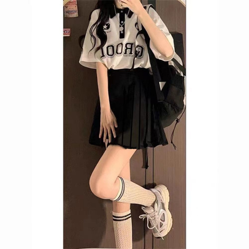 Vintage Summer American Collar Short-Sleeve Student Girl Splicing Top + Pleated Skirt Loose Youthful Set Fashion