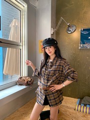 慵懒风撞色格子气质宽松长袖衬衫女早秋显瘦百搭减龄上衣