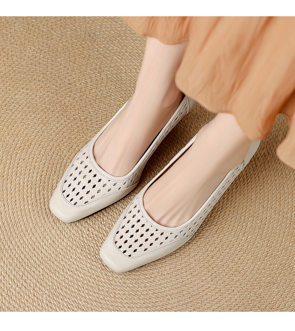 Giày sandal nữ da thật mũi vuông gót xuồng thấp, xỏ chân thoáng khí đi làm — màu trắng ngà, màu mơ chi tiết 10