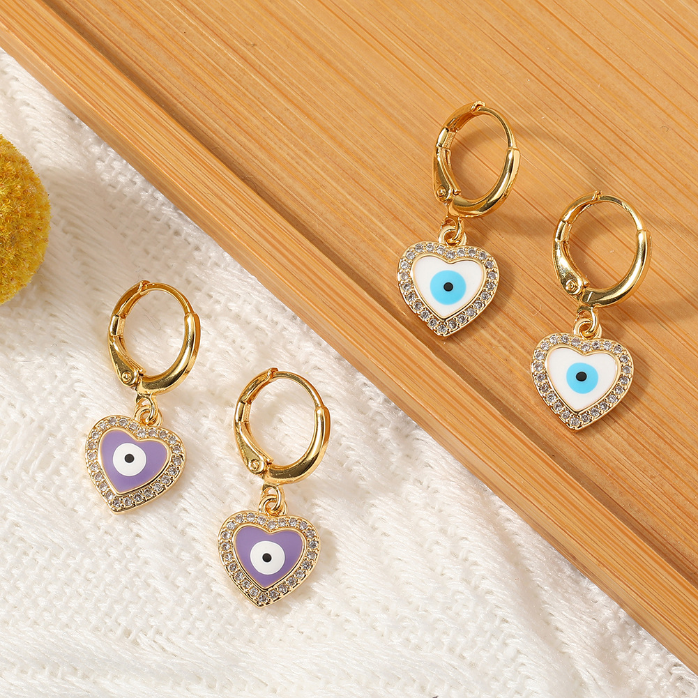 Cute Heart Shape Copper Gold Plated Zircon Drop Earrings 1 Pair