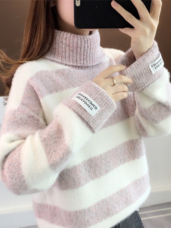 Suéter de las mujeres espesado invierno 2024 nuevo Otoño y ropa de invierno de cuello alto a rayas visón terciopelo top de punto camisa de fondo