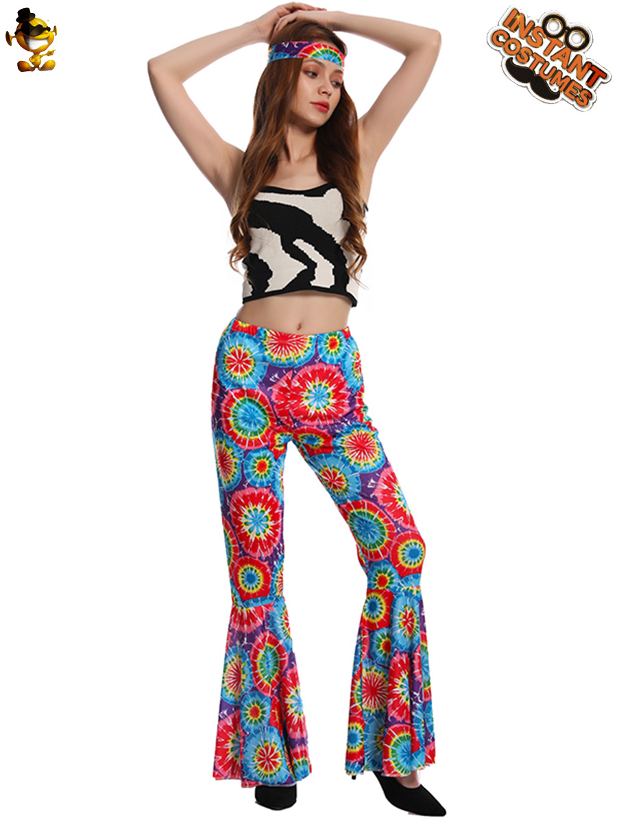 Carnaval transfronterizo adulto grande femenino retro hippie acampanado pantalones de las mujeres hippie traje ropa de fiesta