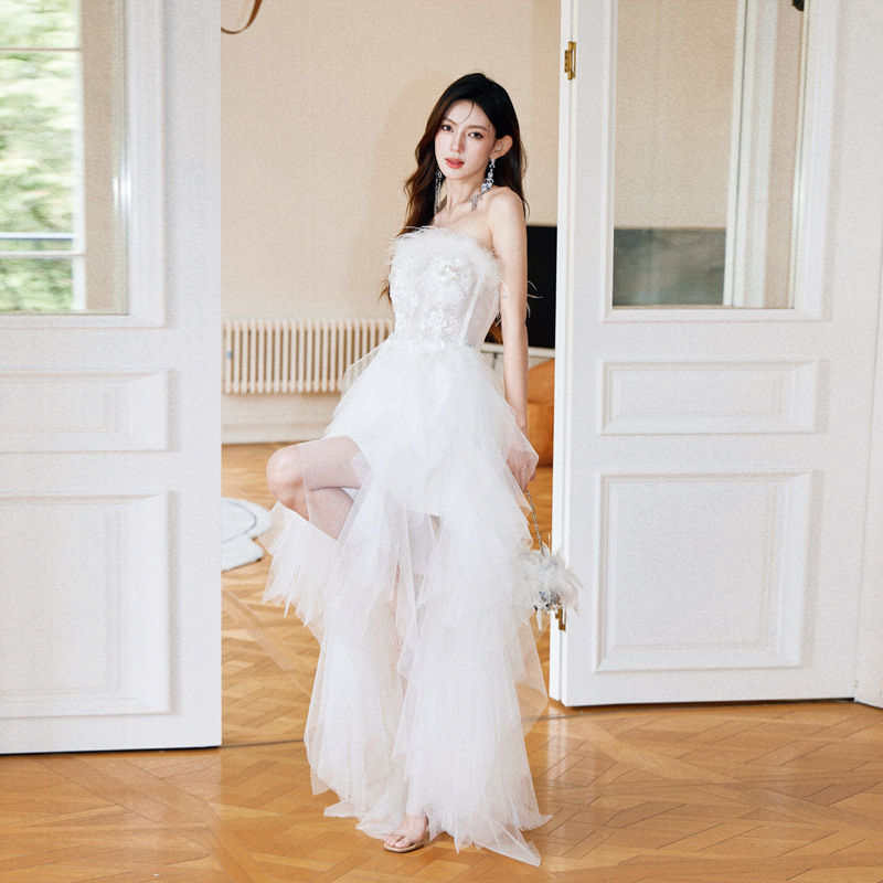 Banquet Evening Dress New Arrival Heavy-duty Embroidered Feather Tube Top dress Front Short Back Long Birthday Adult Gown