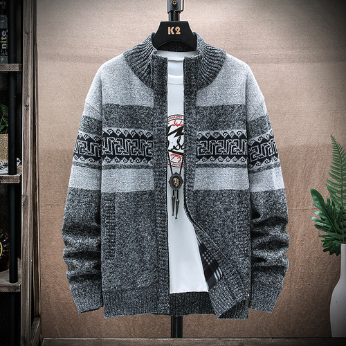 Supply autumn and winter men's printed coats, loose casual knitwear, cardigan jackets, thick warmth and velvet