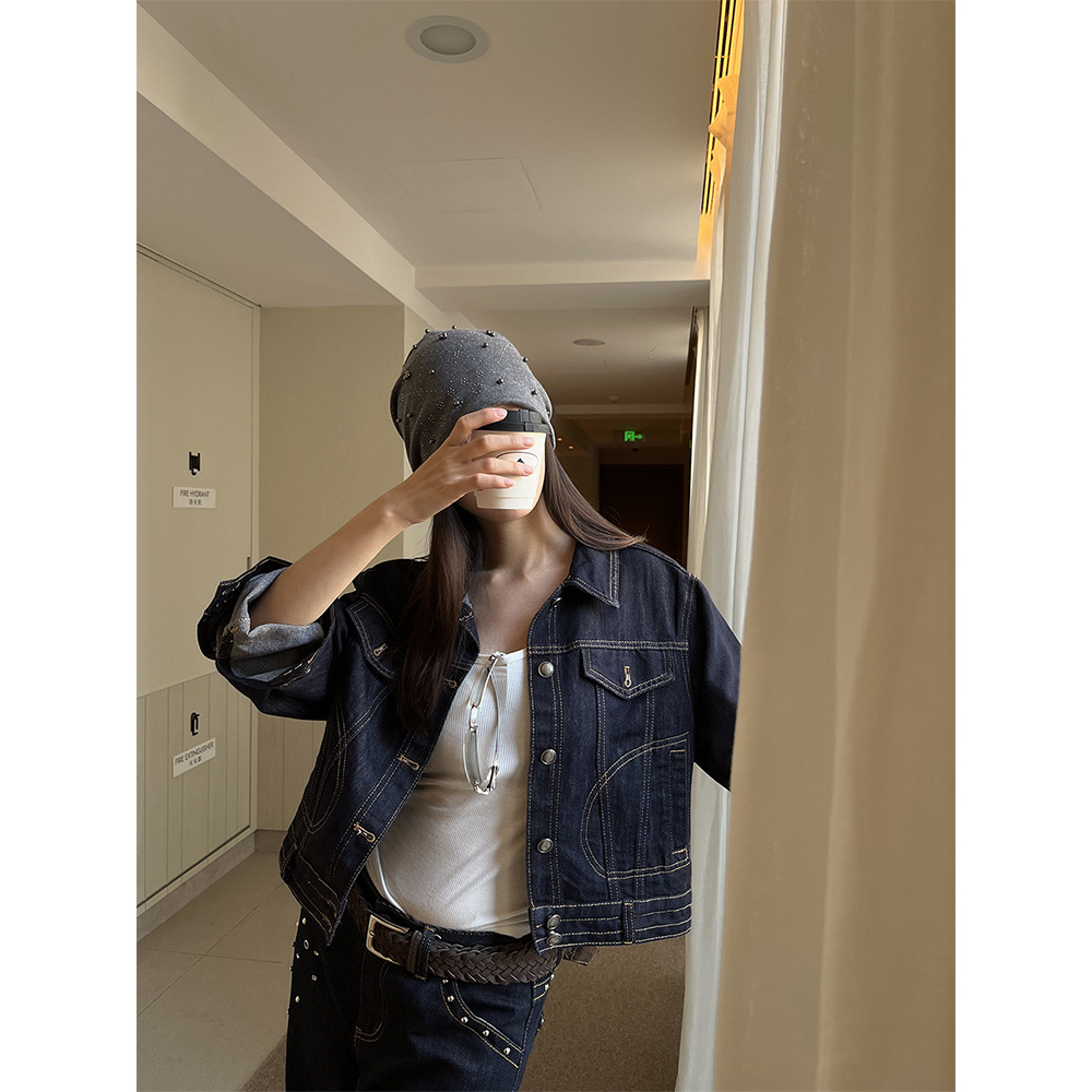 Yuyi Golden Stitching Short Denim Jacket Autumn Dark Blue Loose High-End Jacket CXYF009